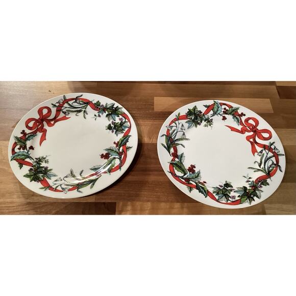 2 Brylane Home Christmas JOLLY TIME Salad Cereal Bowls/2 Salad Plates Ribbon - Picture 8 of 9